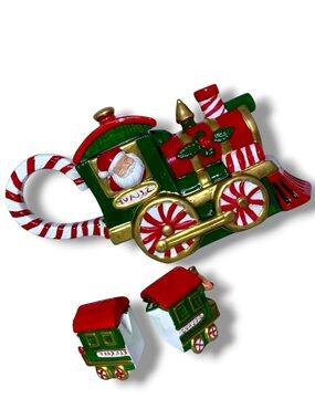 Vintage TeaPot Set Santa Train with Nesting Creamer Sugar Bowl 3 PC Ceramic 1994